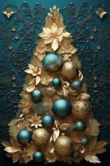 Elegant Christmas tree adorned with turquoise ornaments against a modern neon backdrop