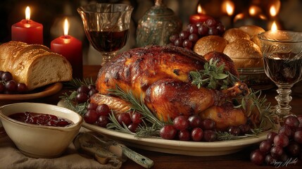 Roast Turkey with Grapes and Candles for Festive Holiday Dinner