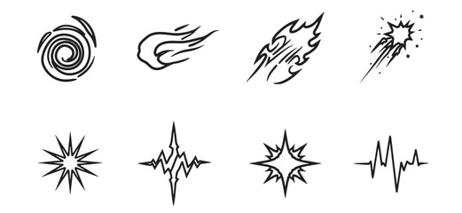 Collection of energetic and dynamic black line art graphics on white background
