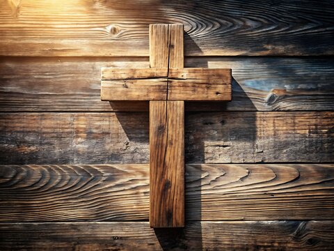 A rustic wooden cross against a textured wood background, symbolizing faith, religion, and spiritual belief