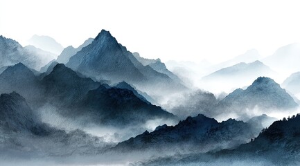 Misty mountain range, painted in shades of blue-grey