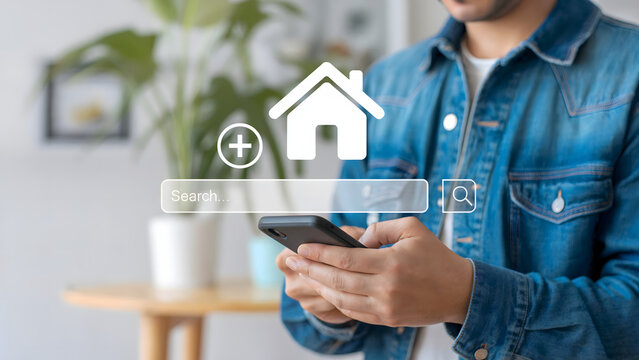 Man uses smartphone searching for dream home online with interactive house icon