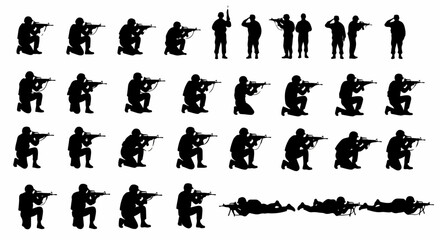 Naklejka premium Vector set of military soldier silhouettes in various combat and tactical poses, including aiming, kneeling, standing, and saluting.