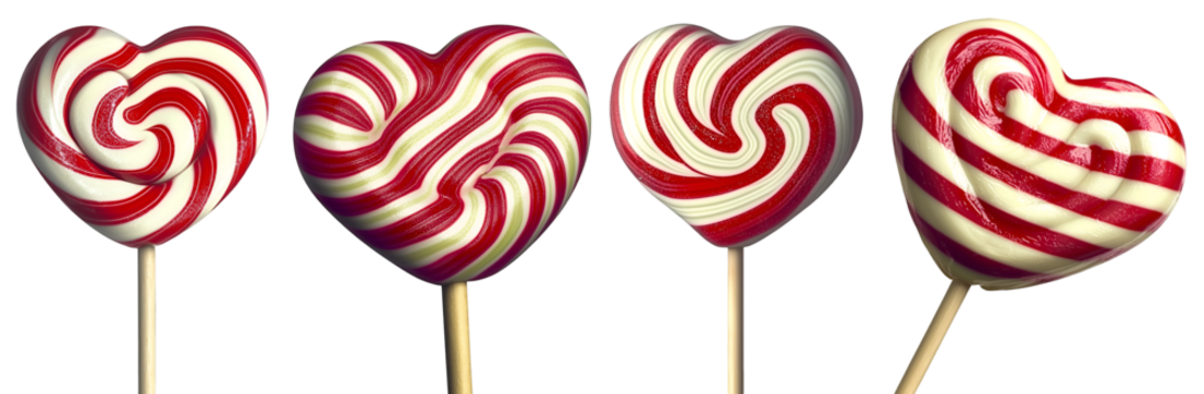 Set of red and white swirl heart shaped lollipops arranged in a row on white background