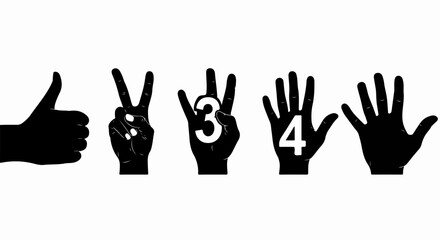 Fototapeta premium A sequence of five black silhouette hands counting with gestures, including thumbs up, peace sign, and numbers three and four.