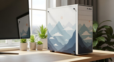 A white computer case with a minimalist mountain image adorns a sleek white computer case, sitting on a wooden table near a plant and a monitor.
