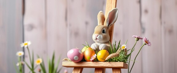 Happy Easter bunny on wooden easel, space copy, image, april