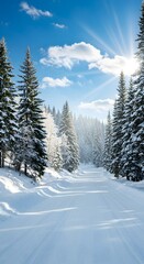 Obraz premium A serene winter landscape featuring a snowcovered road winding through a forest of pine trees under a bright blue sky with the sun shining through the branches