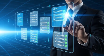 Professional Businessman Reviewing Digital Task Lists On A Futuristic Interface, Optimizing Workflow And Project Management With Modern Technology.