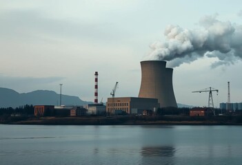 Immense coal power plant belching dark smoke into a hazy sky, climate change, landscape