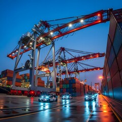 Automated vehicles transporting cargo at a bustling, illuminated night-time port.