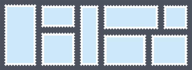 Blue postage stamps set. Post stamp frames and borders. Rectangle, square template for mail, postcard, letter, note. Vector zigzag objects for badge 