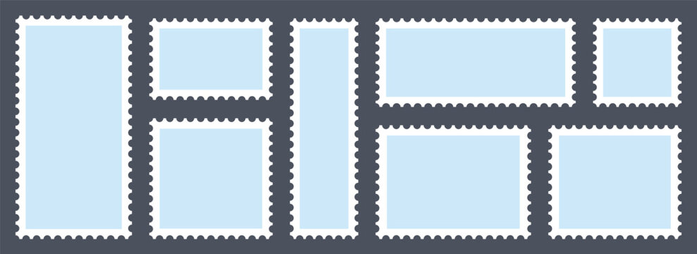 Blue postage stamps set. Rectangle, square template for mail, postcard. Vector zigzag objects for badge .