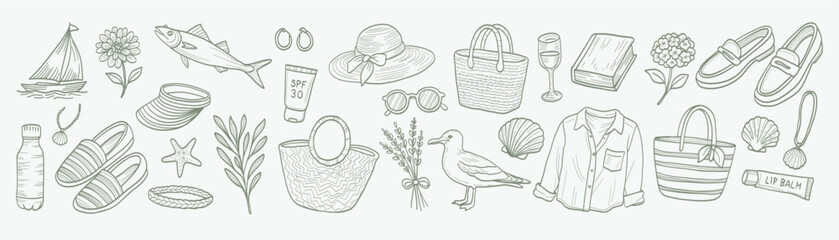 A drawing of various items such as a bottle, a cup, a hat, a pair of shoes