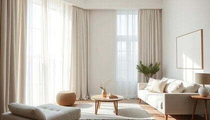 Fototapeta premium Soft, diffused light streams through sheer linen curtains in a minimalist living room, creating a calm ambiance, interior design, floor to ceiling