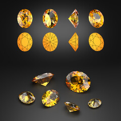 Demonstration of the oval-cut topaz from different angles. Scheme of cutting. Scattering of gemstones. Black background. 3d rendering.