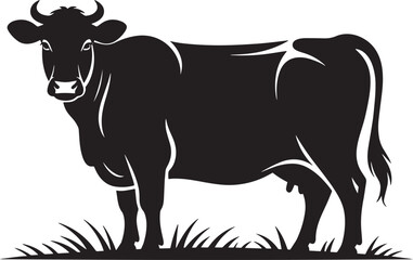 Cow Silhouette Standing on Grass Against a Transparent Backdrop, Perfect for Farm and Agriculture