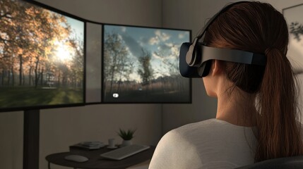 Person experiencing virtual reality with multiple display screens.
