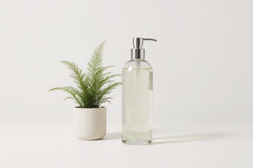 Obraz premium Clear Dispenser Bottle With Yellow Liquid Next To Potted Green Plant glass