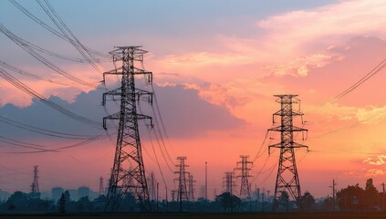Silhouetted power lines and towers at sunset