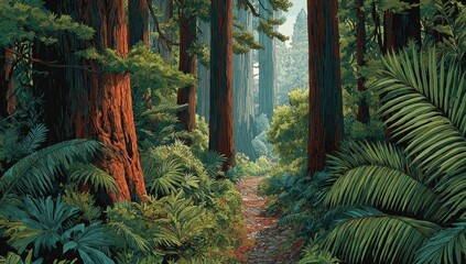 Lush redwood forest path. Sunlight filters through tall trees