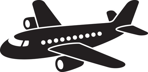 Detailed Airplane Silhouette Vector Illustration with Multiple Windows and Wing Design on Clear Backdrop