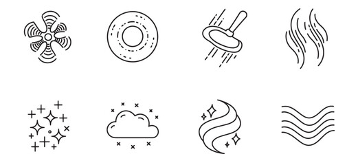 Set of simplified black line icons depicting air quality and environmental elements