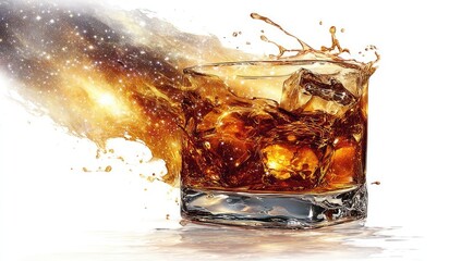 A whiskey glass, filled with amber liquid, exploding with a splash of cosmic energy