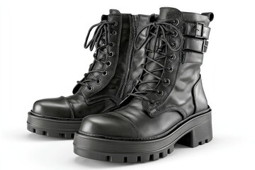 Pair of black leather combat boots.  A pair of black leather ankle boots with chunky soles, lace-up front, and side zip, sits on a plain white background.  Visible buckles are on the sides