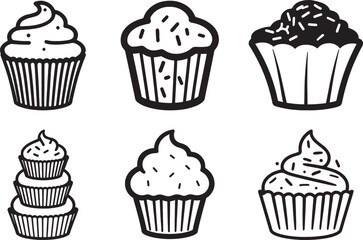 A collection of cupcake illustrations with various designs, featuring simple black and white outlines, ideal for culinary, baking, and dessert-themed designs, cupcake isolated on white background.