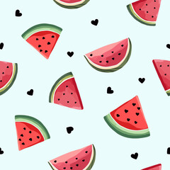 Whimsical watermelon slice pattern with black hearts – seamless vector