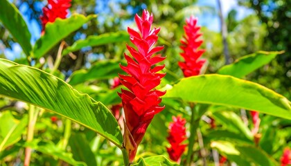 Vibrant Red Ginger Flower Blooms Amidst Lush Green Foliage in Tropical Garden