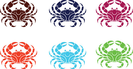 A collection of six colorful crab illustrations arranged in two rows on a white background design art