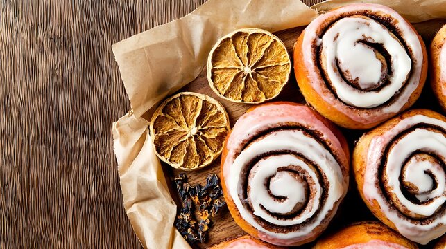 Cozy top-down view of cinnamon rolls, wooden tray, and dried citrus, soft warm lighting, rustic textured background creating inviting mood
