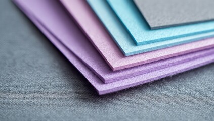 Fototapeta premium Stacked sheets of colored felt. Close-up view of overlapping, textured, craft materials in various shades of lavender, dusty rose, light blue, and gray. 