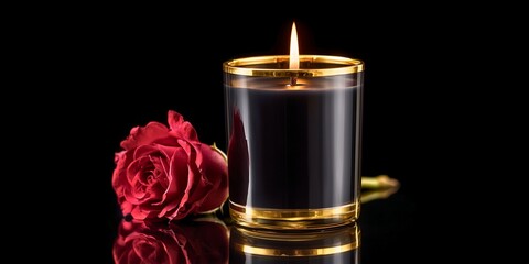 Luxury black candle with red rose on black background