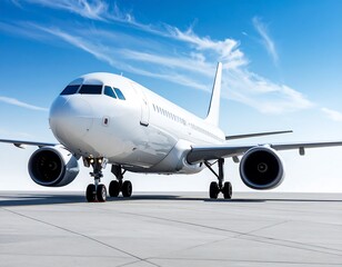 Fototapeta premium White airplane on runway under blue sky