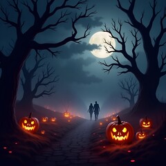 Dark Halloween artwork background spooky eerie night haunted graveyard full moon fog