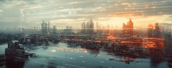 A futuristic cityscape is illuminated by glowing digital data streams