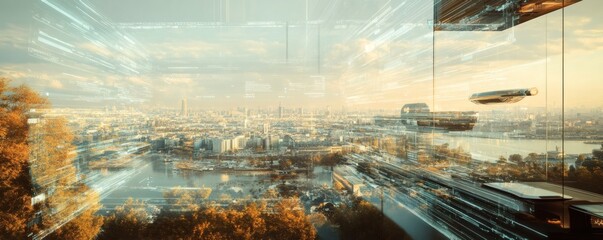 A futuristic cityscape with aerial vehicles and data overlays