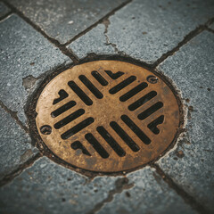 Close up of a circular brass drain grate on a grey tiled sidewalk with visible cracks