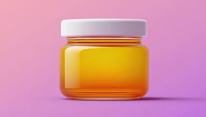 Square glass jar with a white lid, filled with amber liquid, on a soft pink background