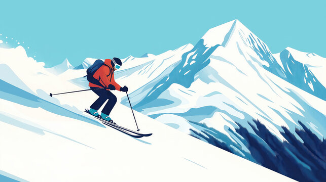 Skier on a ski slope, skiing on ski resort, minimalist flat illustration, vector art poster, ski poster, winter outdoor sport concept, Ultra-high resolution