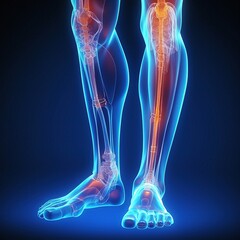 Detailed visual of a man's leg anatomy showcasing bones and muscles in a vibrant, glowing style against a dark background