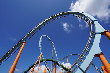 Exciting Roller Coaster Ride Against a Vibrant Blue Sky Adventure and Thrill Seekers Dream Destination