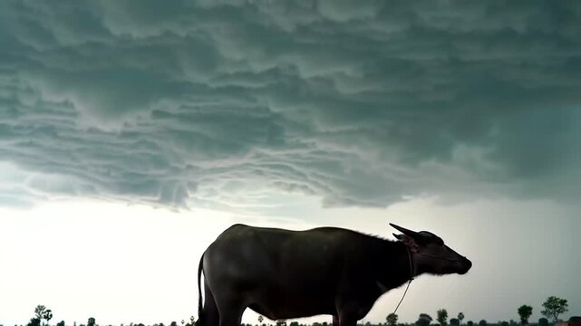 A water buffalo stands silhouetted against a dramatic sky filled with dark, rolling clouds