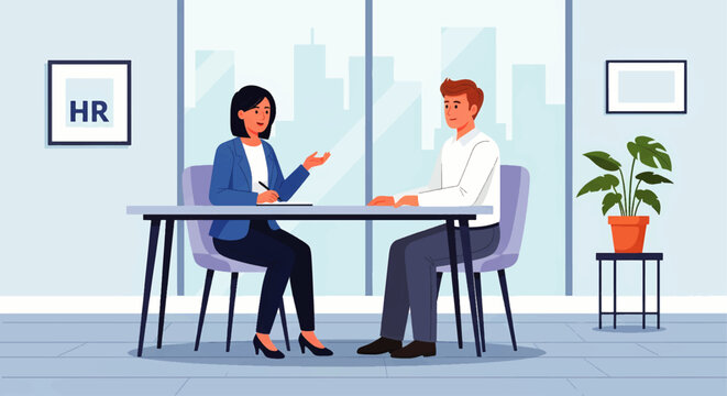 Female HR manager conducts a professional consultation with a male job applicant in a modern corporate office.