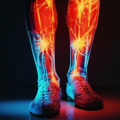 Visualization of a man's leg displaying neural and vascular systems in glowing red and blue colors during a medical demonstration