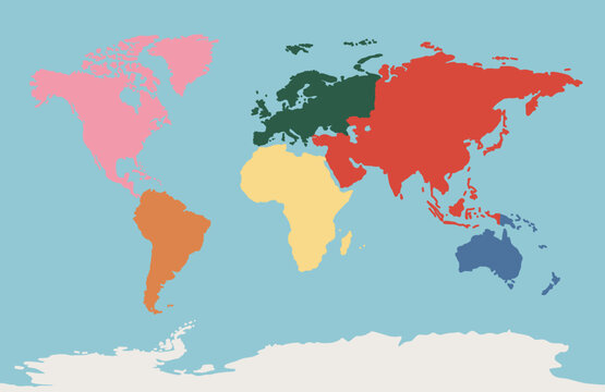 Around the World, Multicolor Continent Minimalist Vector Map Illustration with Blue Background. Connecting Global Travel Technology Location
