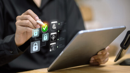 Cybersecurity Data Protection on Tablet with Digital Lock Icons